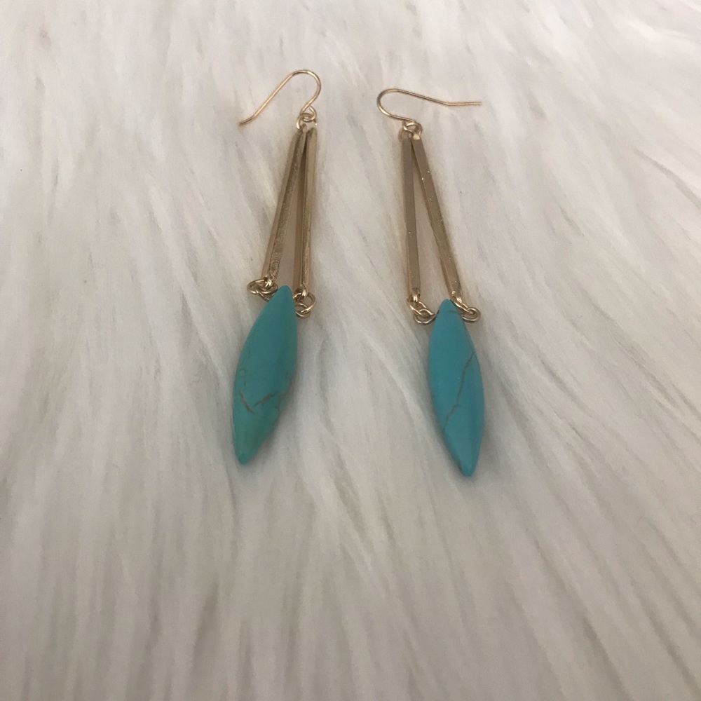 Turquoise Gold Tone Geometric Drop Dangle Earrings - Picture 7 of 7